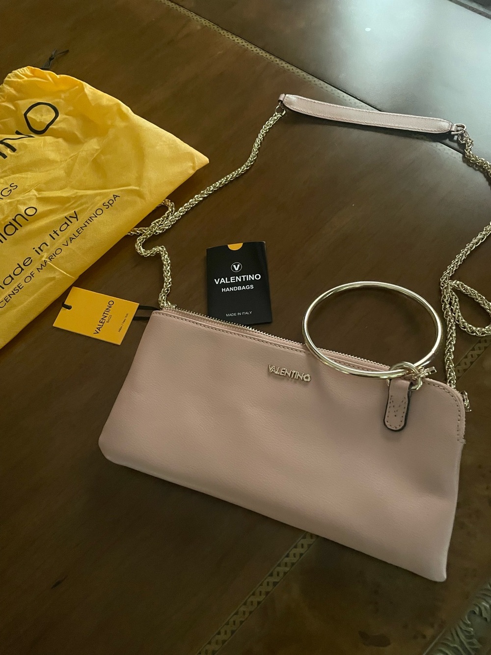 Valentino By Mario Valentino Blush Pink Leather Mini Crossbody with Gold Ring